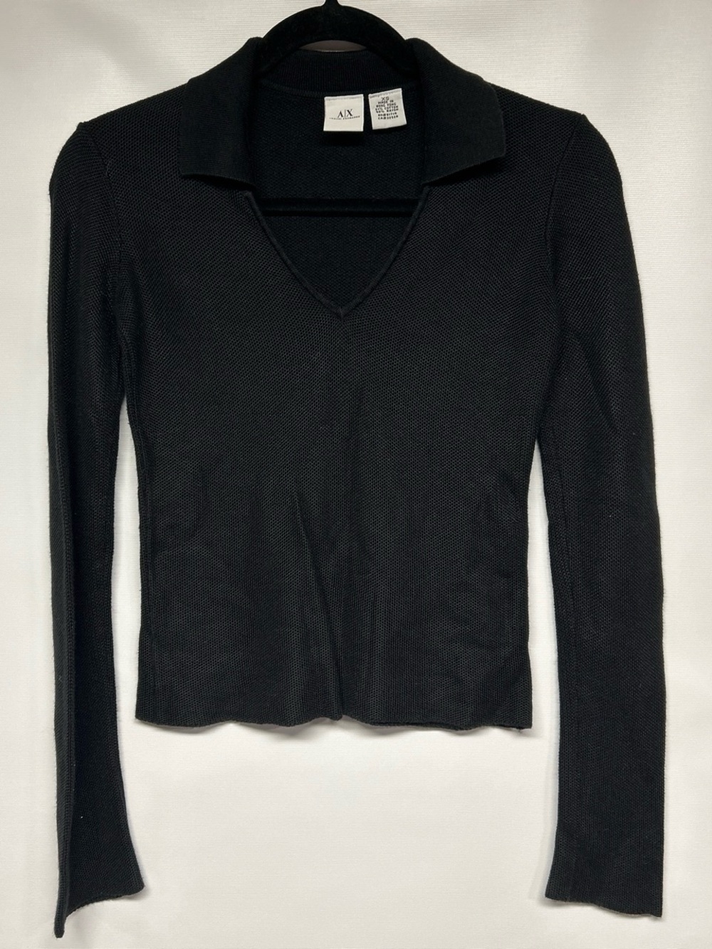 A/X Armani Exchange Black Long Sleeve V-Neck Collared Knit Top